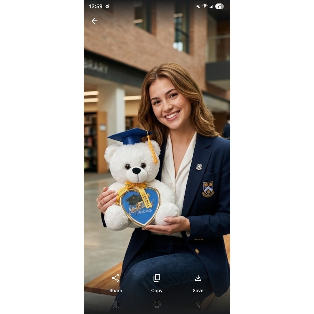 Graduation Plush White Teddy Bear with Cap & Diploma Holding Heart Frame 17.5"